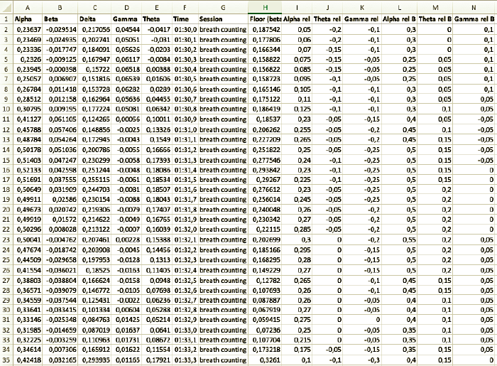 Screenshot of a spreadsheet containing EEG recording