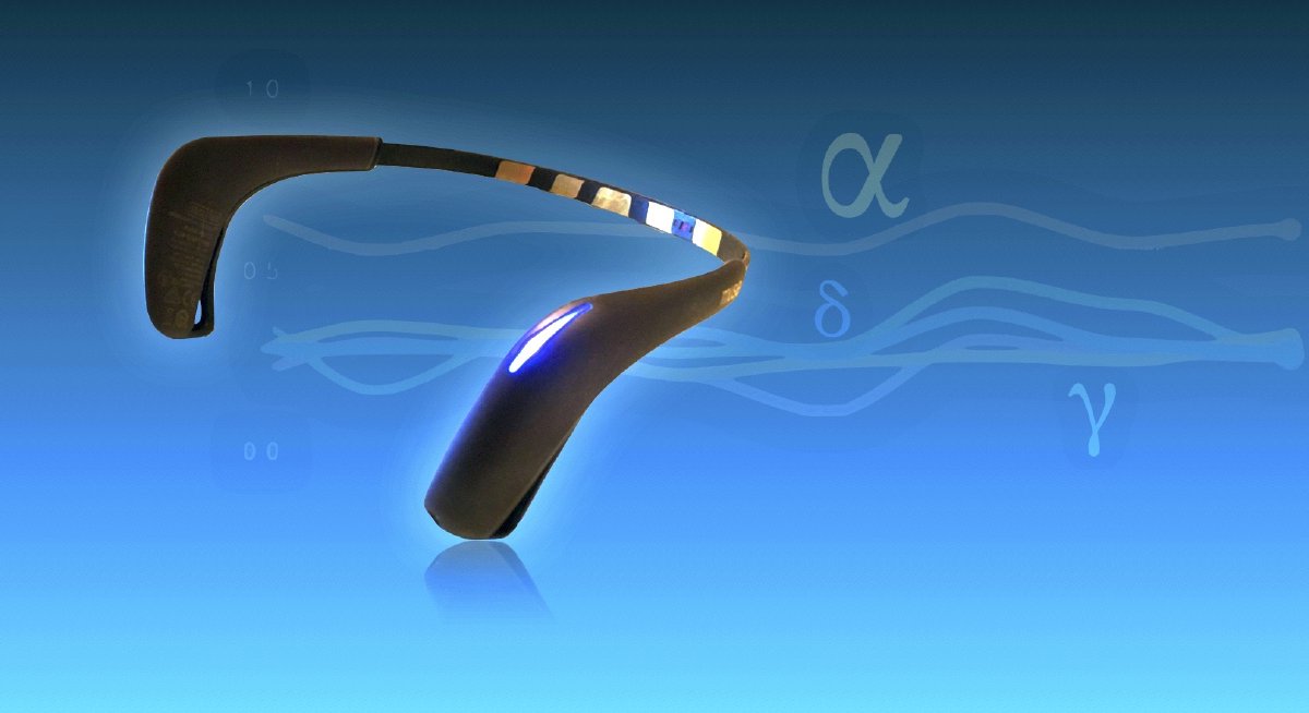 Picture of Muse 2 headband with branwave activity graph in the background