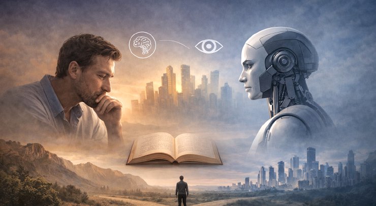 An illustration depicting human-AI communication against the backdrop of a distant city and a meadow below